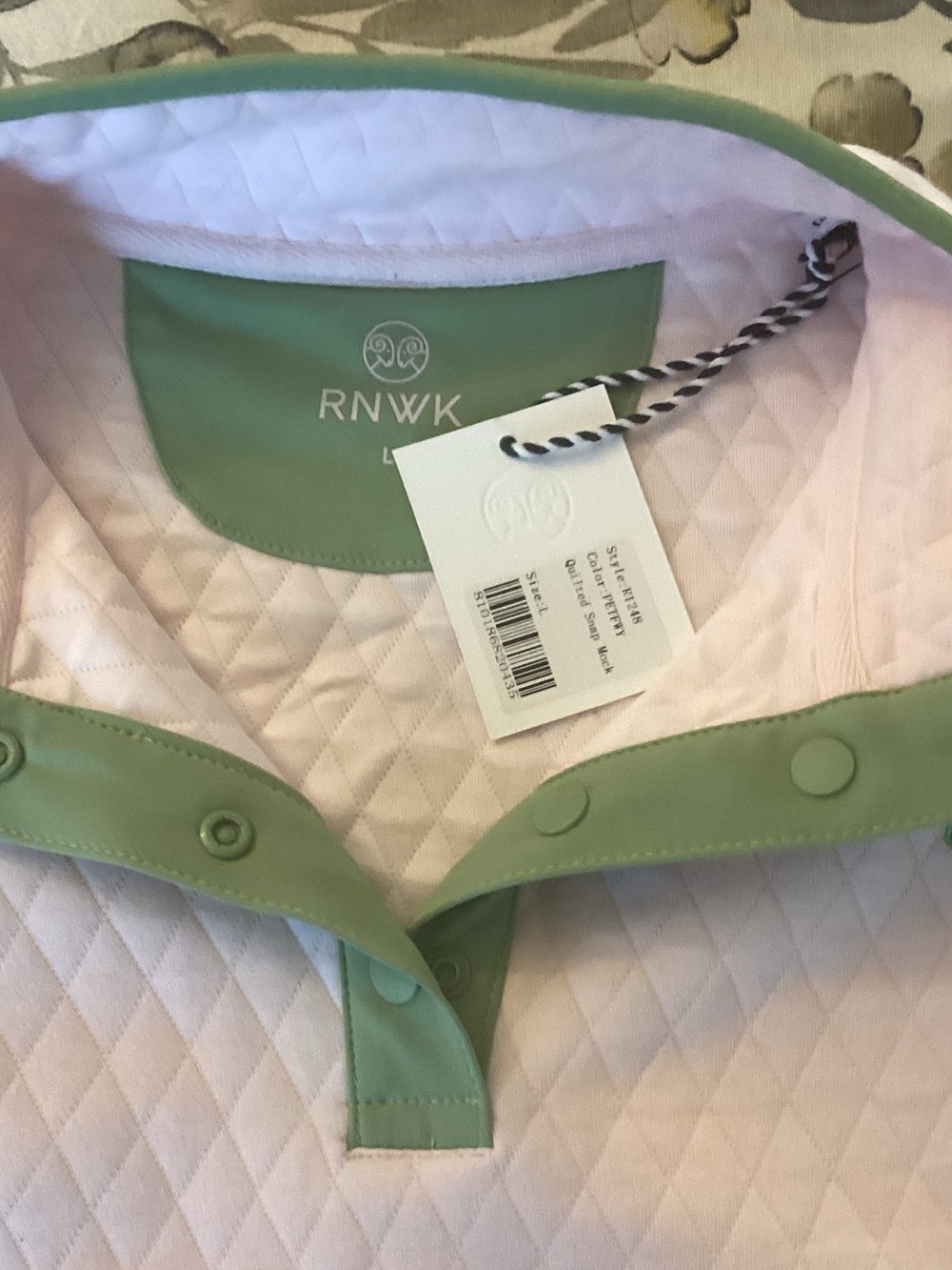 Renwick Quilted Snap Mock PulloverJacket in Light Pink with Green Trim L R1248